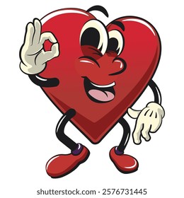 Cute heart vektor illustration mascot character dancing while giving the okay sign, work of hand drawn