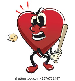 Cute heart vektor illustration mascot character playing baseball ready to hit the ball with the bat, work of hand drawn