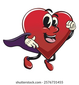 Cute heart vektor illustration mascot character as flying superhero wearing a robe, work of hand drawn