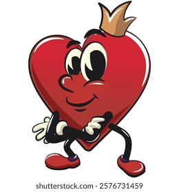 Cute heart vektor illustration mascot character crowned like a king while folding his arms calmly, work of hand drawn