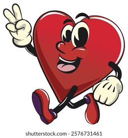 Cute heart vektor illustration mascot character walking with a peace sign, work of hand drawn