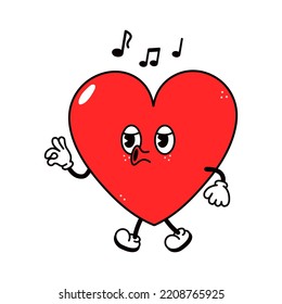 Cute Heart Walking Singing Character. Vector Hand Drawn Traditional Cartoon Vintage, Retro, Kawaii Character Illustration Icon. Isolated White Background. Happy Heart Walk Sing Character