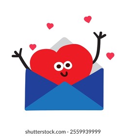 A cute heart is waving from the envelope. Valentine's card. Flat hand drawn design. Illustration on white background.