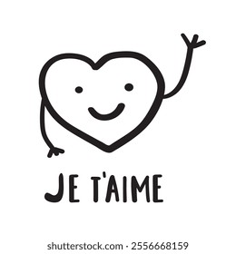 Cute heart waving. Je T'aime. It's mean I love you on French. Design on Valentine's day. Black color. Hand drawn outline illustration on white background.