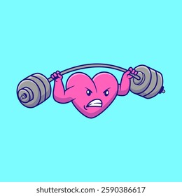 Cute Heart Weightlifting With Dumbbless Cartoon Vector Illustration. Sport Health Concept. Flat Cartoon Outline Style.