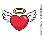 Cute heart with wings and halo icon. Adorable design perfect for love, angel, or Valentine's themes. Flat cartoon style vector illustration.