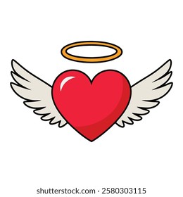 Cute heart with wings and halo icon. Adorable design perfect for love, angel, or Valentine's themes. Flat cartoon style vector illustration.