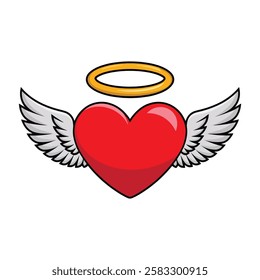 Cute heart with wings and halo icon. Adorable design perfect for love, angel, or Valentine's themes. Flat cartoon style vector illustration.