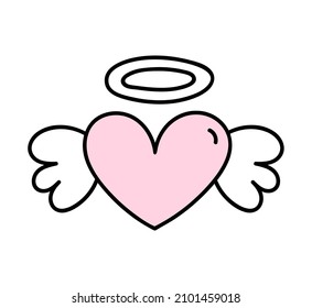 Cute heart with wings and a halo isolated on white background. Vector hand-drawn illustration in doodle style. Perfect for Valentines day designs, cards, decorations.
