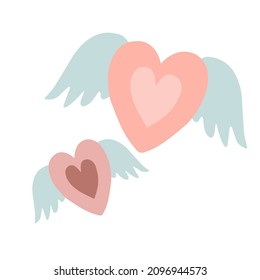 Cute hearts with angel wings on white background