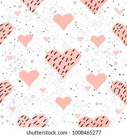 Cute Hearts Background with dots. Scandinavian hand drawn style. Seamless Pattern with pink hearts. Vector Illustration.