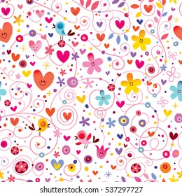 cute hearts birds flowers floral nature seamless pattern