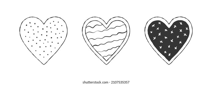 Corazones cortos. Corazones negros con textura. Corazones dibujados a mano. Ilustración del vector