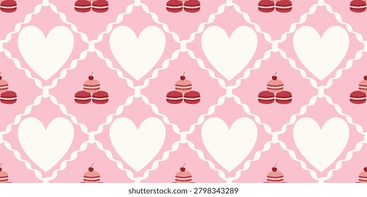 Cute hearts and cakes pattern in pink and white perfect for romantic and celebration designs