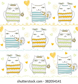 Cute hearts and cartoon cat characters vector seamless pattern. Great for greeting cards, children, Mothers day, Valentines day, and other family events.