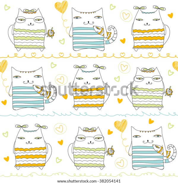Cute hearts and cartoon cat\
characters vector seamless pattern. Great for greeting cards,\
children, Mothers day, Valentines day, and other family\
events.