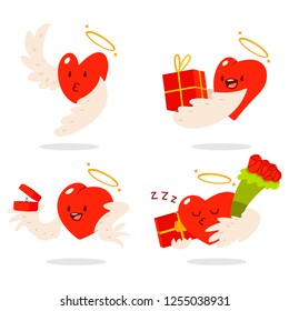 Cute hearts characters with angel wings and halos in different actions: with gift box, flower bouquet and wedding ring. Valentine day vector cartoon concept illustration.
