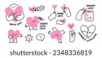 Cute hearts characters. Donate love, unite love. Stickers set or icons with lovely hearts. Flat graphic vector creative illustrations isolated on white background