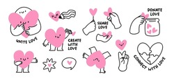 Cute Hearts Characters. Donate Love, Unite Love. Stickers Set Or Icons With Lovely Hearts. Flat Graphic Vector Creative Illustrations Isolated On White Background