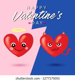 Cute hearts characters. Good and Bad character. Vector card for Valentine's day, Illustration heart.