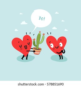 Cute hearts characters. Man giving Cactus to woman. First love date. Friendship concept. 