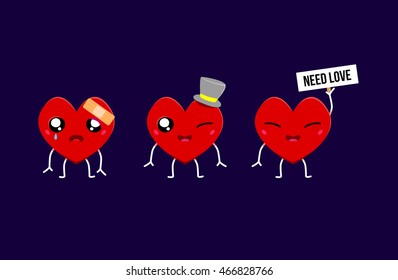 Cute hearts characters set. Collection of hurt heart, need love and hat.