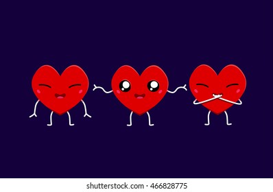 Cute hearts characters set. Collection of hearts smiling and laughing