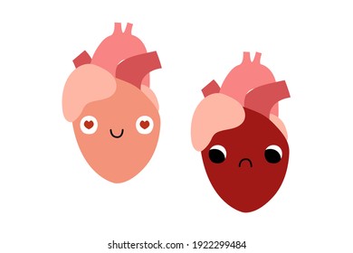Personajes de corazones cortos con cara sonriente y triste. Funny kawaii órgano interno humano con ojos. Salud y enfermedad en el interior, enfermedad cardiovascular. Cardiología. Ilustración de dibujos animados planos vectoriales