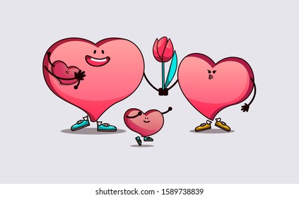 Cute Hearts characters as symbols of love and family. Vector stock illustration