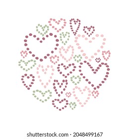 Cute hearts consisting of dots. Romantic round shape template. Hearts made of shades of red and pale green. The elements are located close to each other. Printing of love cards. A vector image.