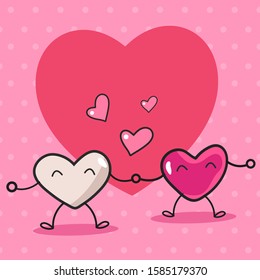 Cute Hearts Couple on Pink Polka Dots Background with Space for your Message.