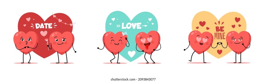 Cute hearts couples. Funny cartoon love characters. Romantic holiday symbols. Lovers date. Flirting and infatuation. Valentines day celebration signs. Vector amour and romance mascots set