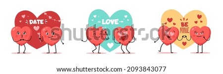 Cute hearts couples. Funny cartoon love characters. Romantic holiday symbols. Lovers date. Flirting and infatuation. Valentines day celebration signs. Vector amour and romance mascots set