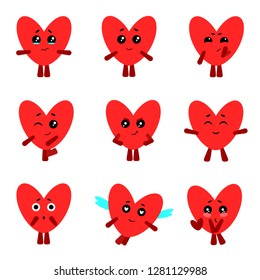 Cute hearts with different emotions. Vector set. Heart in kawaii style.