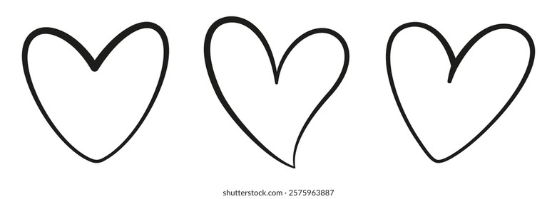 Cute hearts doodle style set. Hand drawn black and white isolated logo line art. Design element for web graphic design poster tattoo. Coloring page art therapy. Vector illustration