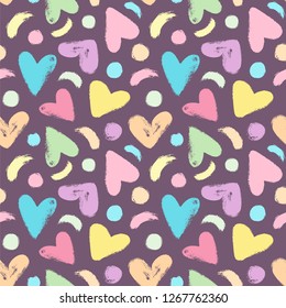 Cute hearts and dots background in pastel colors. Seamless vector pattern with hearts, dots and brush strokes on the dark background.