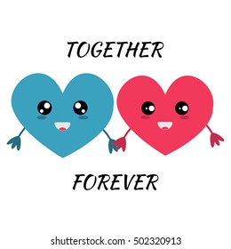 Cute hearts face. Together forever. Flat