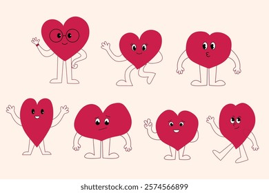 Cute hearts with faces. Isolated polygonal face with eyes and emotions. Heart - hand drawn characters. Funny cartoon abstract characters - heart, talking vector elements