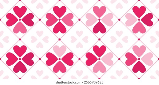 Cute hearts flowers pattern. Pink and red heart shape petals floral seamless vector print. Spring girly background. Checkered tiles