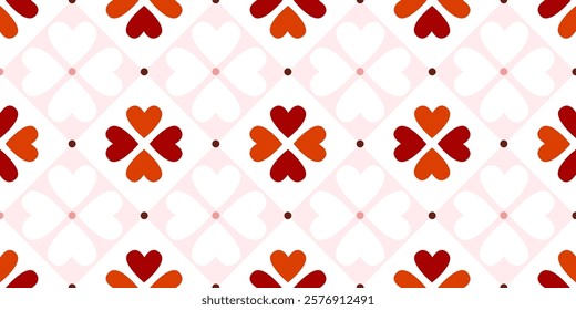 Cute hearts flowers pattern. Pink and red heart shape petals floral seamless vector print. Spring girly background. Checkered tiles
