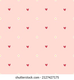 Corazones y flores sin costura en un fondo rosa pastel. Flores y corazones blancos vectoriales. Para antecedentes e impresión sobre textiles.