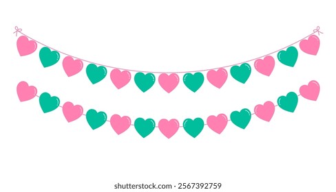 Cute hearts garland.Colorful pink and green pastel bunting love flag isolated on white background.Valentine's element clipart vector graphic illustration.