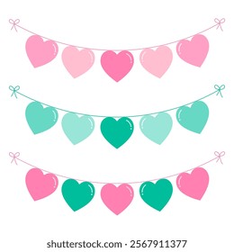 Cute hearts garland.Colorful pink and green pastel bunting love flag isolated on white background.Valentine's element clipart vector graphic illustration.