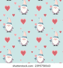 Cute hearts and gnomes seamless vector pattern. Valentine's Day background. Heart shapes and gnomes.