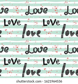 Cute hearts and hand drawn LOVE lettering seamless pattern. Pink, red small hearts silhouettes on wavy background. Vector texture design for Valentines day, Mother's day, gift wrap, textile print.