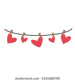 Cute hearts hanging on clips. Decoration for Valentine's Day. The perfect background to add your own text