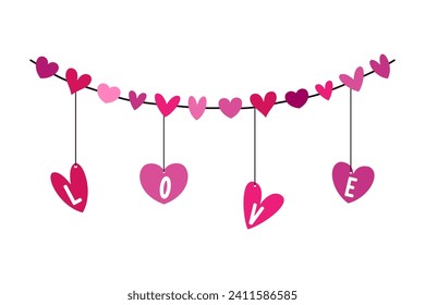 Cute hearts hanging on a rope. Colored silhouette. Horizontal front view. Vector simple flat graphic illustration. Isolated object on a white background. Isolate.