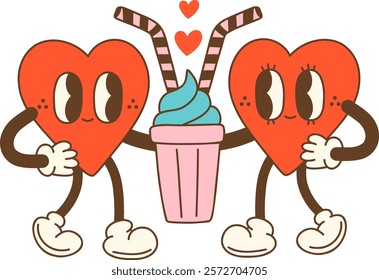 Cute hearts holding milkshake with straws, symbolizing love and joy