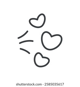 Cute hearts icon. Funny hand drawn monochrome illustration of three jumping hearts isolated on a white background. Abstract romantic emoji. Vector 10 EPS.