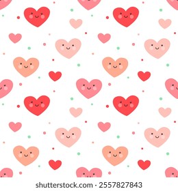 Cute hearts in kawaii style on a white background. Seamless pattern, print, vector illustration